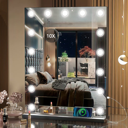 Hasipu Vanity Mirror with Lights, 18" x 23" LED Makeup Mirror, Light up Mirror with 15 Dimmable LED Lights and 10X Magnification, 3 Colors Modes, Touch Control, USB Charging Port, Black