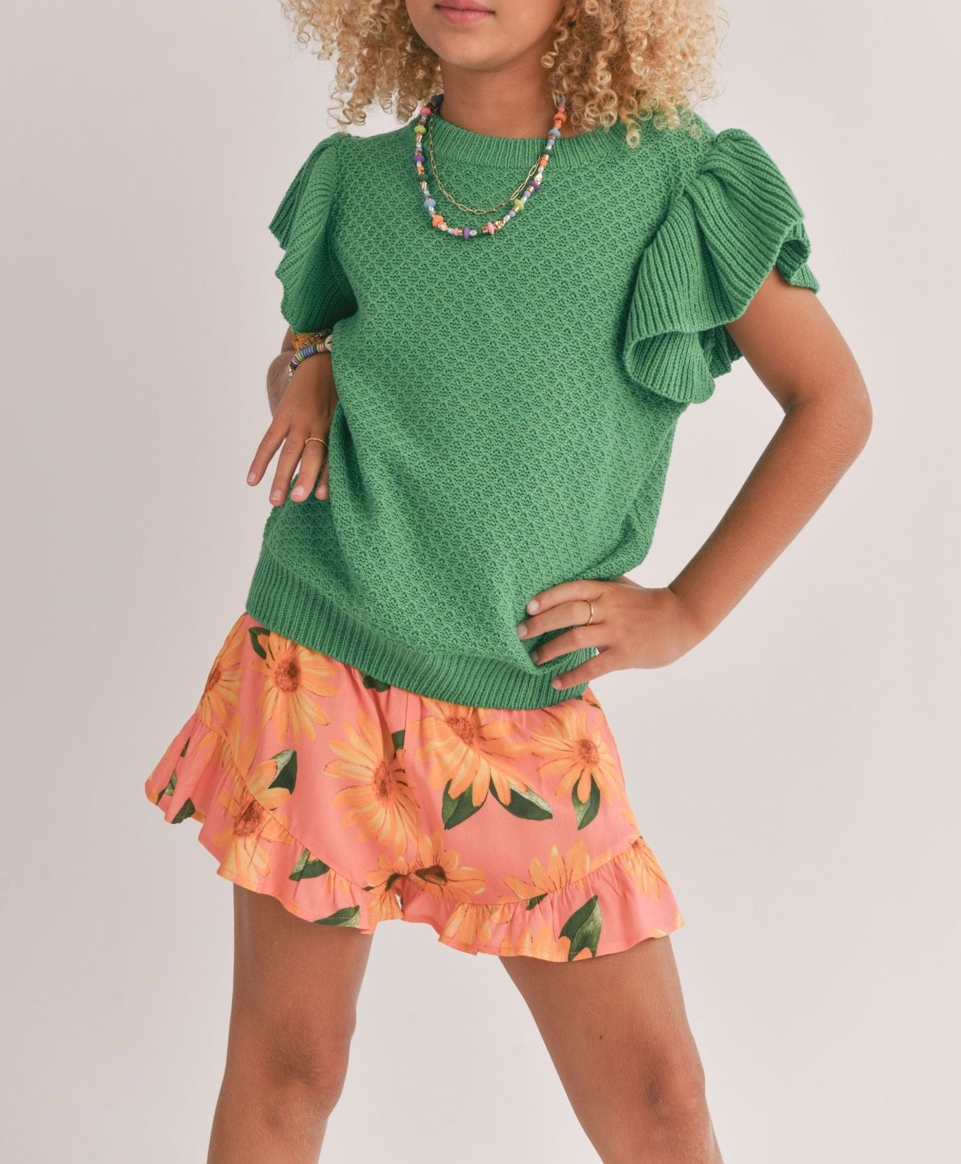 Tween Wear Happy Ruffle Sleeve Sweater, Green