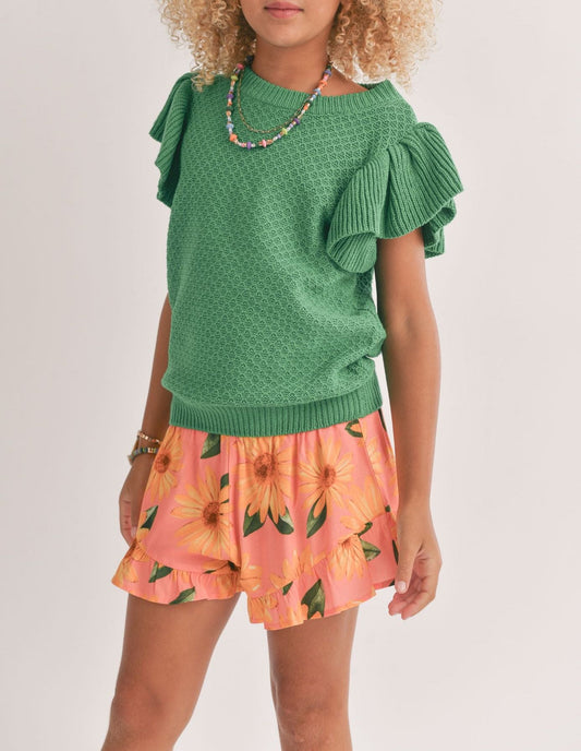 Tween Wear Happy Ruffle Sleeve Sweater, Green