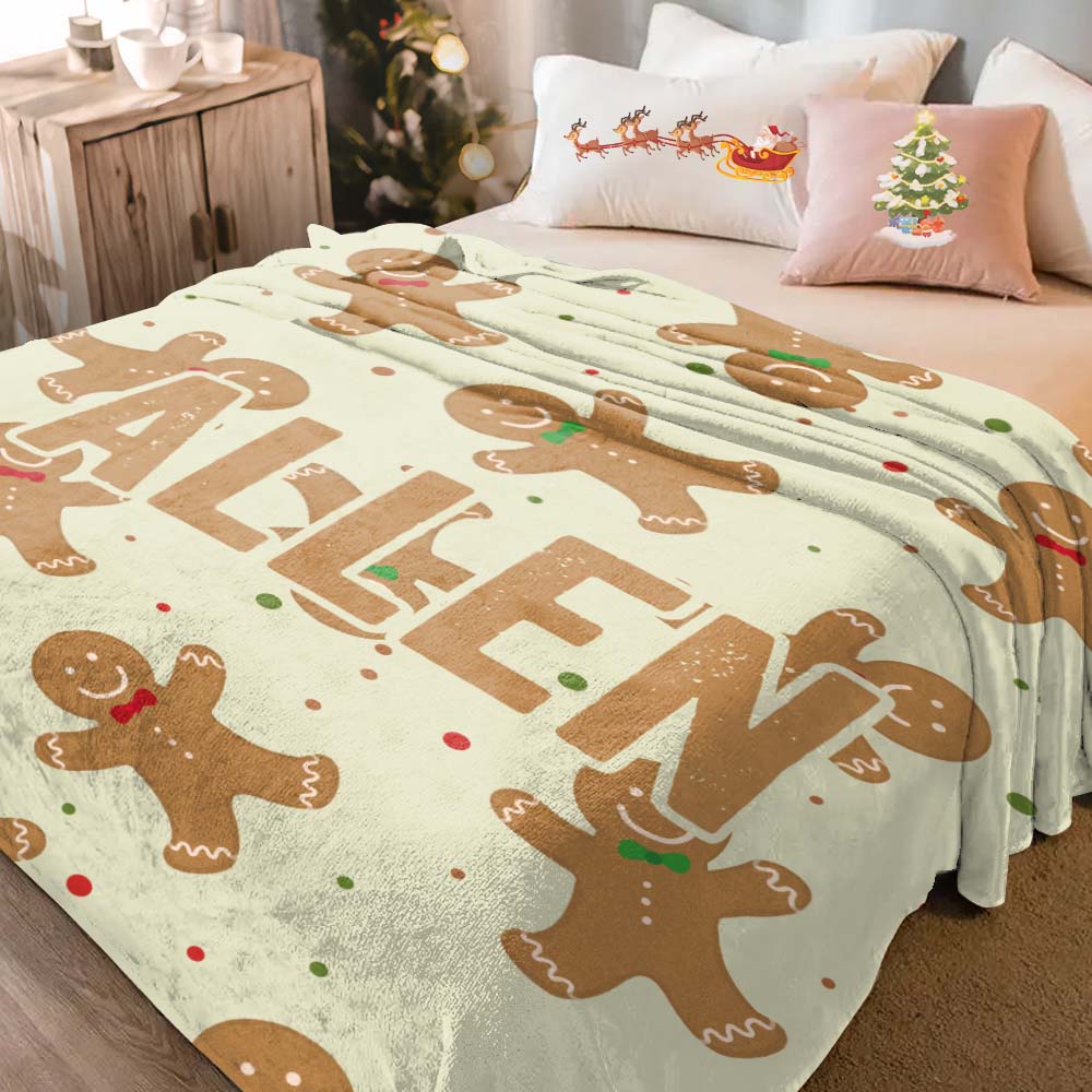 Custom Text Cute Gingerbread Man Christmas Blanket Unique Gift For Kids