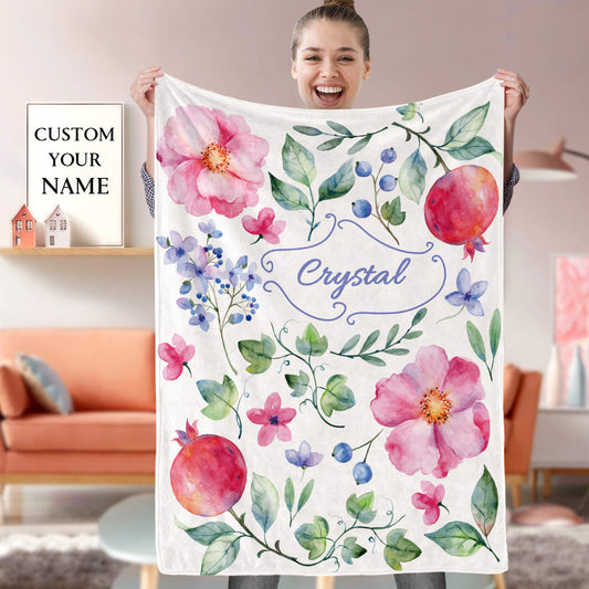 Custom Name Blanket Personalized Baby Shower Gift Watercolor Flower Baby Blanket