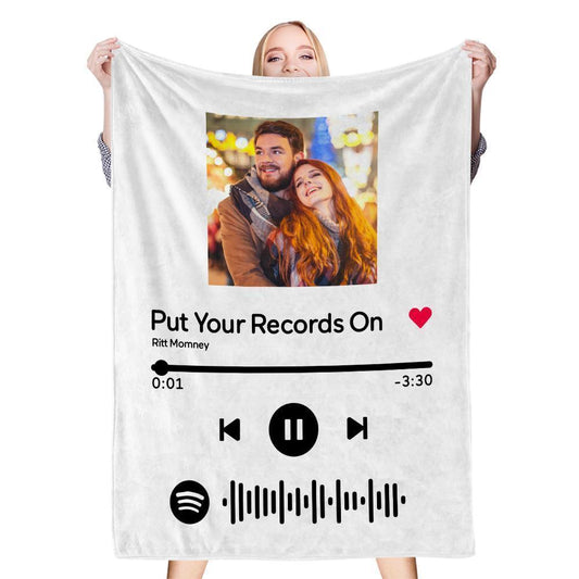 Scannable Spotify Code Photo Engraved White Blanket Warm Thicken Blanket Optional Thickness Cozy Winter Warm Gifts for Couple