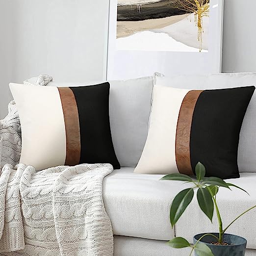 Faux Leather and Linen Throw Pillow Covers Black and White Pillows Decorative Throw Pillows Covers