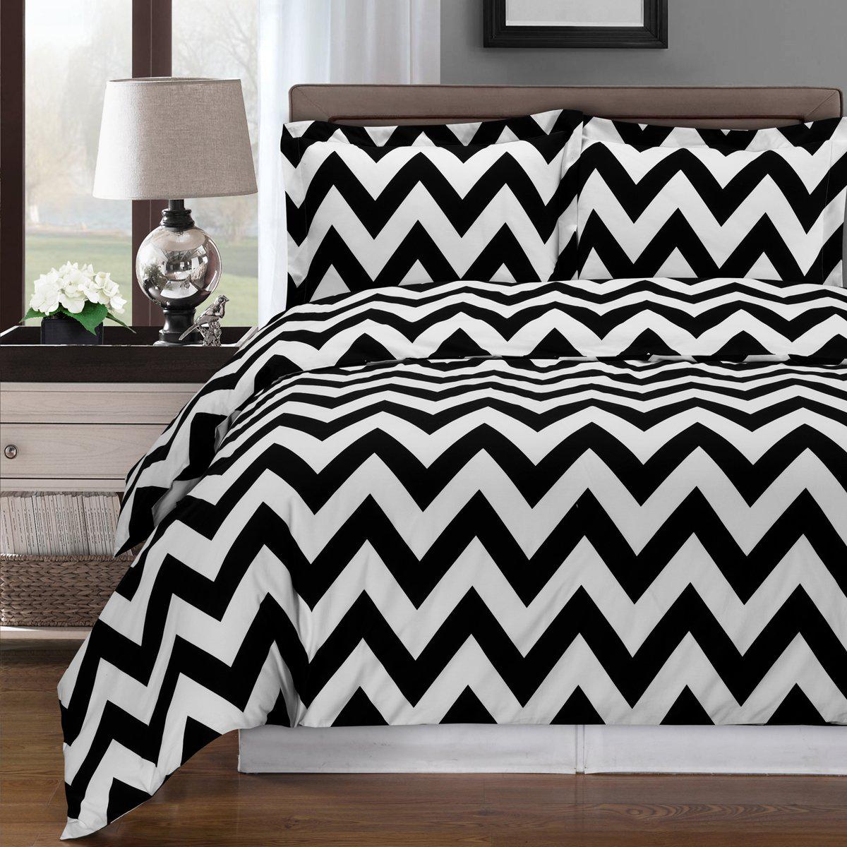 Chevron Combed Cotton Duvet Cover Set-Royal Tradition-Full/Queen-Black/White-Egyptian Linens