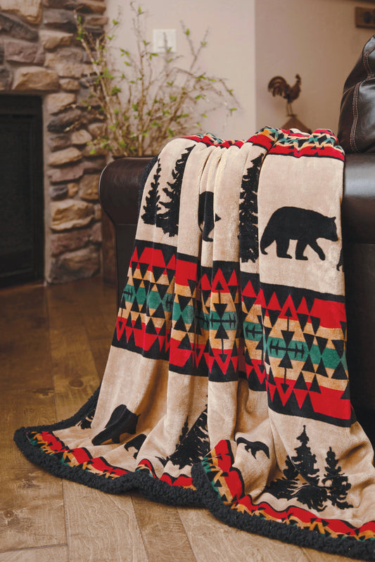 Bear Trails Black Sherpa Rustic Cabin Throw Blanket