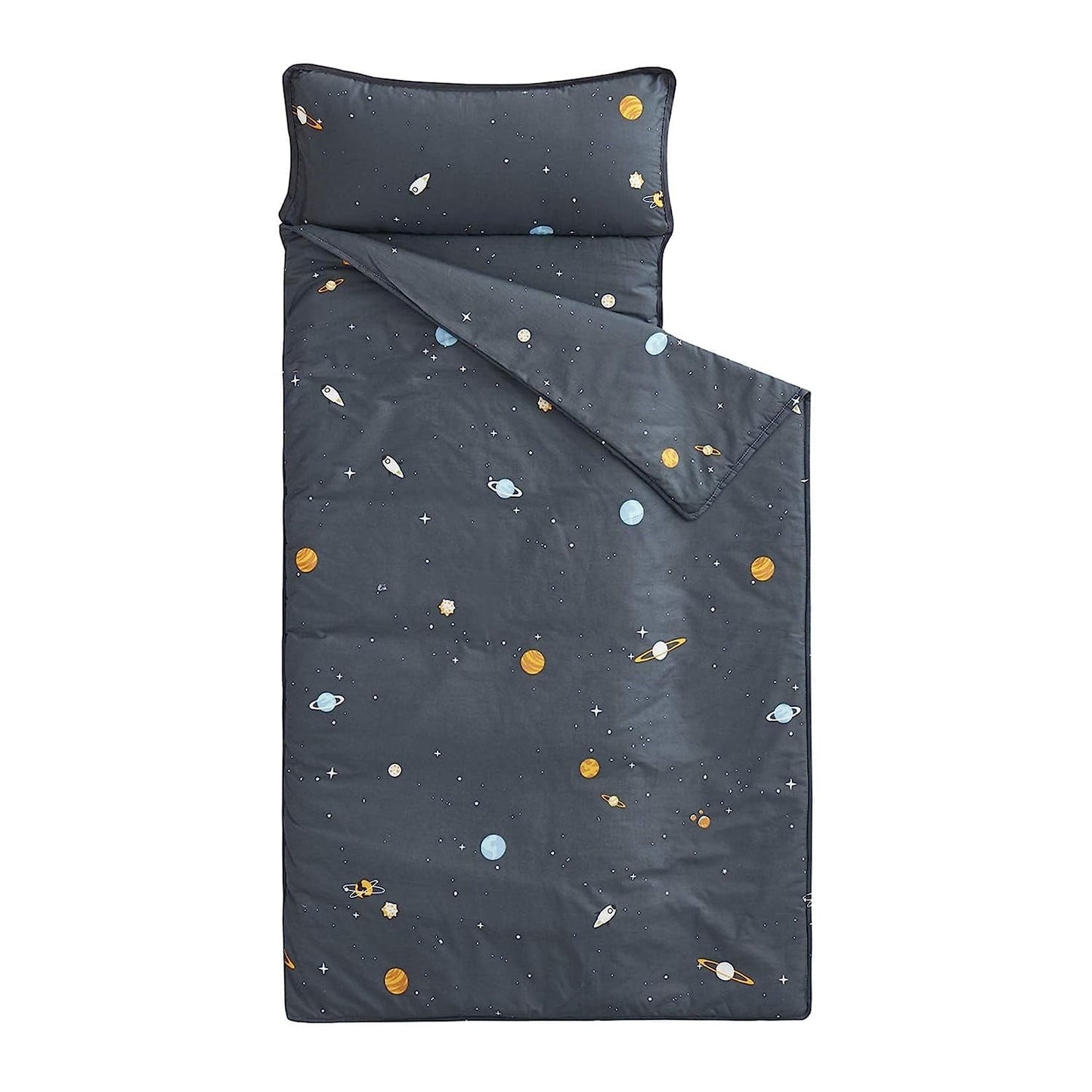 Nap Mat with Removable Pillow for Kids Toddler Boys Girls Daycare Preschool Kindergarten Sleeping Bag, Space Stars Rockets on Gray Grey, 100% Cotton with Microfiber Fill