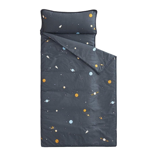 Nap Mat with Removable Pillow for Kids Toddler Boys Girls Daycare Preschool Kindergarten Sleeping Bag, Space Stars Rockets on Gray Grey, 100% Cotton with Microfiber Fill