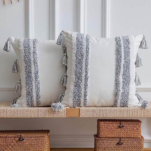 Boho Throw Pillow Covers: 2 Pack 100% Cotton Woven Tufted Decorative Square Pillowcases