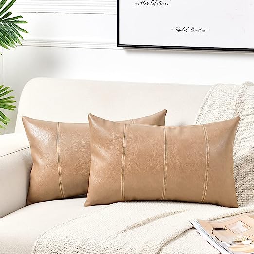 2 Packs Brown Boho Lumbar Faux Leather Decorative Throw Pillow Covers 12x20 Inch