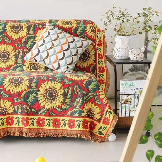 Sunflower Pattern Knitted Sofa Throw Blanket