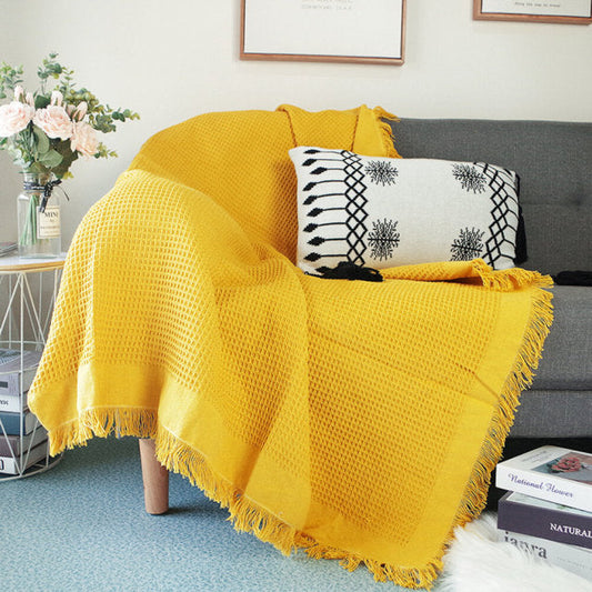 Pure Knitted Cotton Sofa Blanket With Tassel