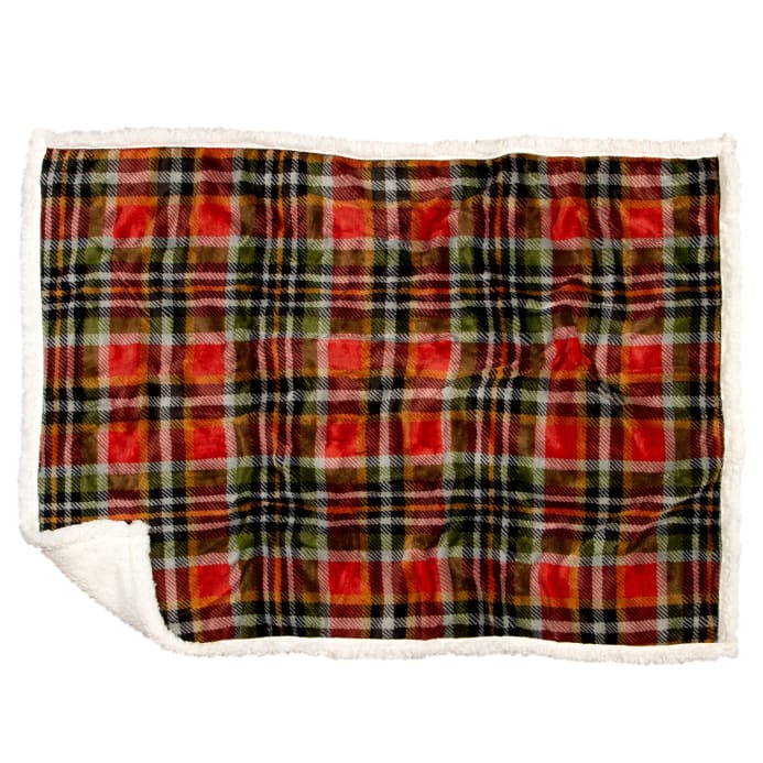 Rust and Sage Plaid Dog Blanket - White Sherpa - Dog