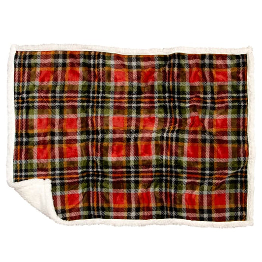 Rust and Sage Plaid Dog Blanket - White Sherpa - Dog