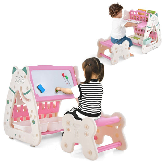 3-in-1 Kids Height Adjustable Magnetic Dry Erase Easel | Desk | Bookcase & Stool | Pink/White