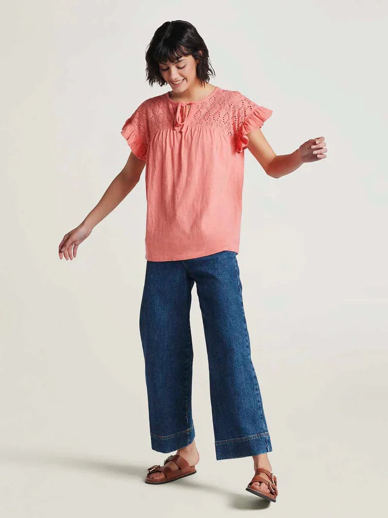 Thought Organic Cotton Slub & Broderie Tee - Sunset Orange