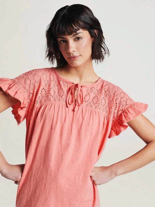 Thought Organic Cotton Slub & Broderie Tee - Sunset Orange