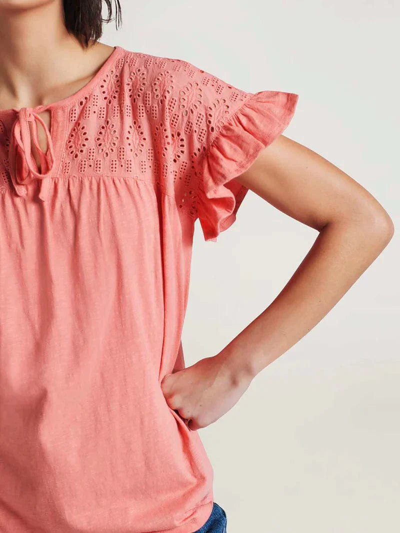 Thought Organic Cotton Slub & Broderie Tee - Sunset Orange