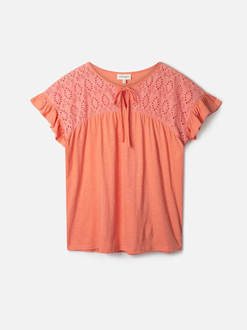 Thought Organic Cotton Slub & Broderie Tee - Sunset Orange