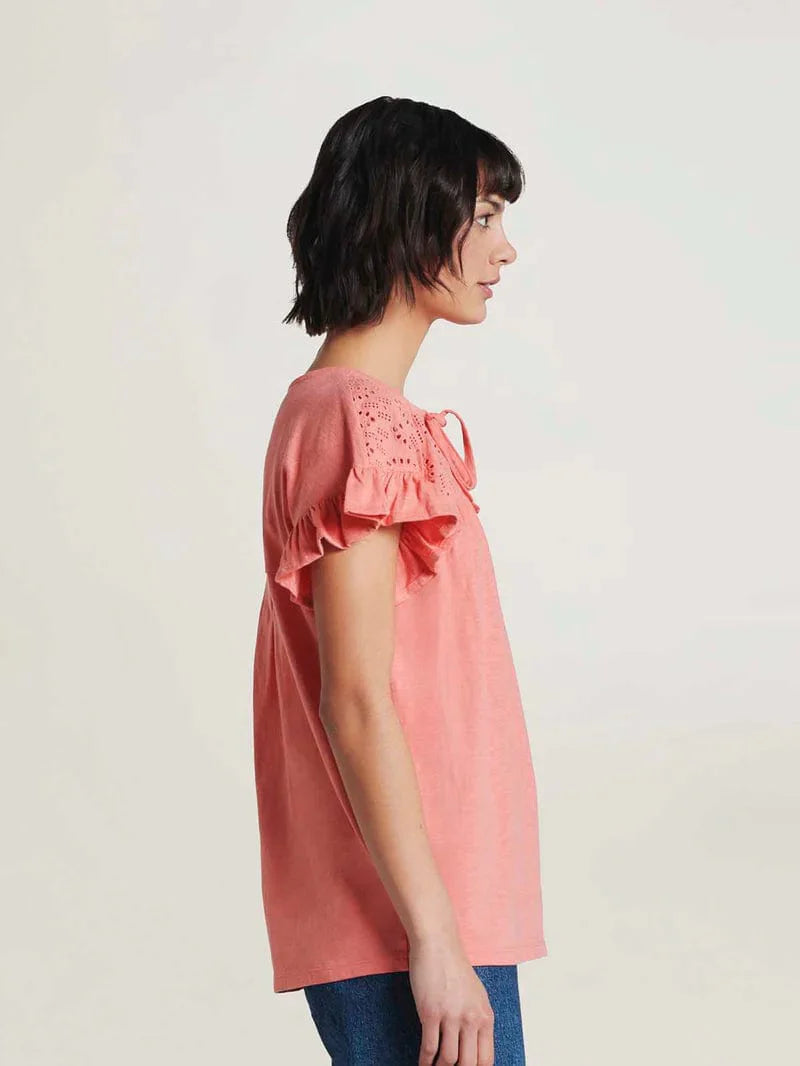 Thought Organic Cotton Slub & Broderie Tee - Sunset Orange